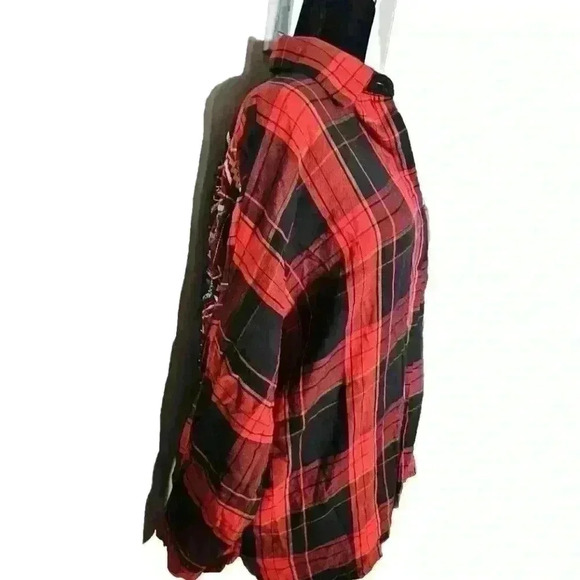 Zara Womens Red And Black Plaid Embroidered And Embellished Long Sleeve Top L - Picture 3 of 14
